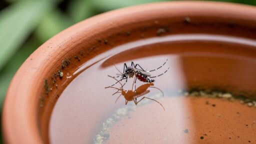 Mosquito Aedes aegypti, transmissor da dengue, pousado sobre água parada em um vaso de cerâmica. Close-up detalhado destacando as listras brancas no corpo do inseto.