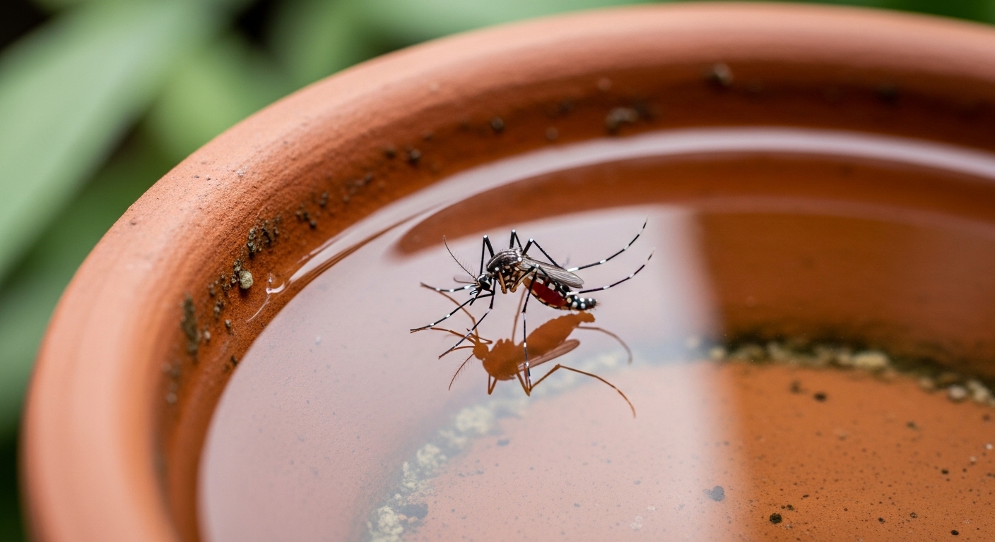 Mosquito Aedes aegypti, transmissor da dengue, pousado sobre água parada em um vaso de cerâmica. Close-up detalhado destacando as listras brancas no corpo do inseto.