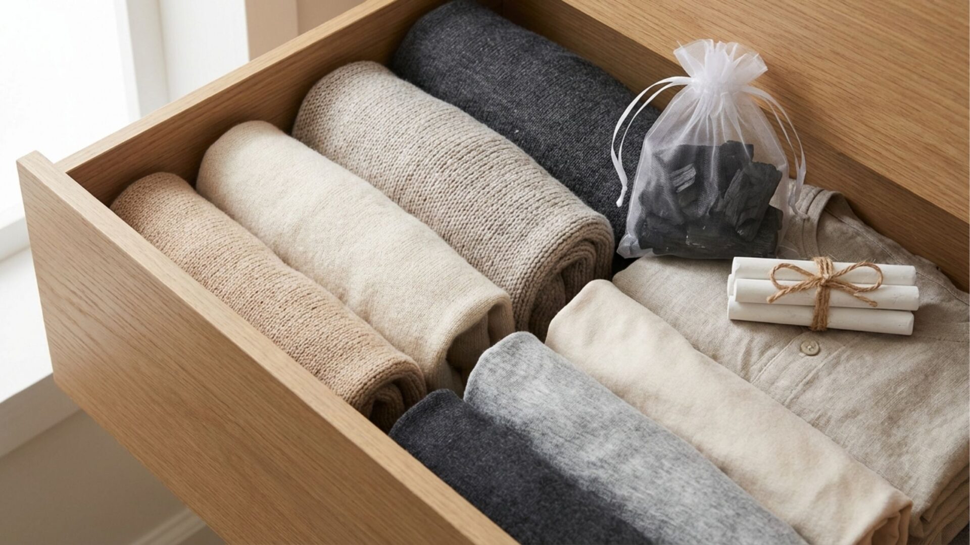 Fotografia em ângulo superior de uma gaveta de madeira clara parcialmente aberta. O interior está organizado com suéteres de tricô perfeitamente dobrados em tons neutros de bege, cinza e chumbo. Sobre as peças mais claras, à direita, descansam soluções naturais contra umidade: um pequeno saco translúcido de organza branca cheio de pedaços de carvão e um feixe de giz branco amarrado com um fio rústico de sisal. A cena ilustra perfeitamente a organização e o cuidado na conservação de roupas de inverno.