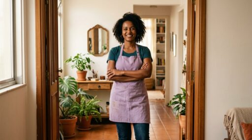 Mulher negra sorridente usando avental lilás, de braços cruzados no centro de um corredor residencial com plantas. Representação do trabalho doméstico e da economia do cuidado no ambiente familiar.