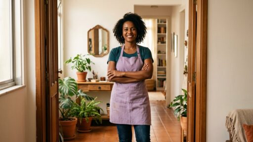 Mulher negra sorridente usando avental lilás, de braços cruzados no centro de um corredor residencial com plantas. Representação do trabalho doméstico e da economia do cuidado no ambiente familiar.