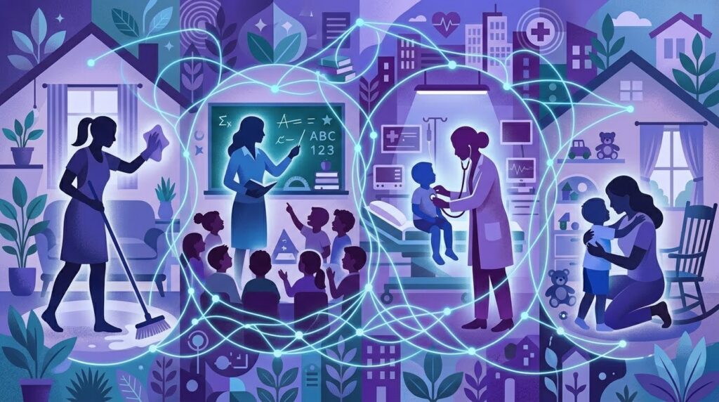 Ilustração em tons de roxo e azul mostrando a rede da economia do cuidado: uma mulher limpando a casa, uma professora em sala de aula, uma médica examinando uma criança e uma mãe abraçando o filho, todos conectados por linhas de luz.