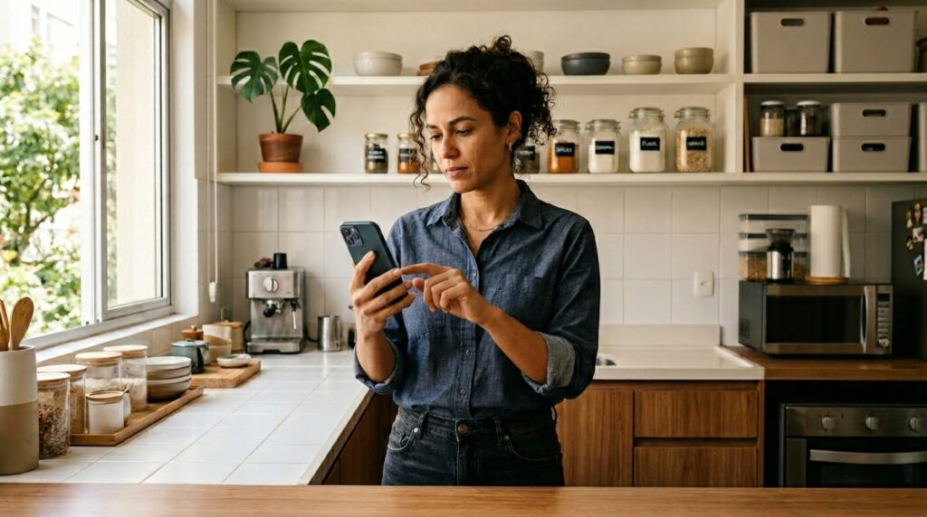 Mulher de cabelos cacheados em uma cozinha organizada, olhando para o celular enquanto gesticula na tela. Contexto de gestão do tempo, trabalho remoto e coordenação de tarefas domésticas.
