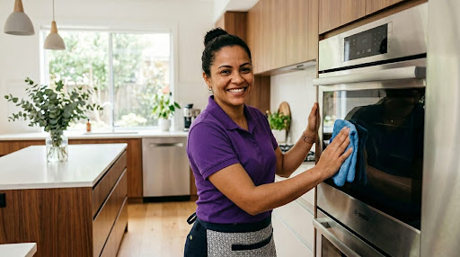Mulher sorridente limpando a porta de vidro de um forno de embutir em aço inox com um pano de microfibra azul em uma cozinha moderna.