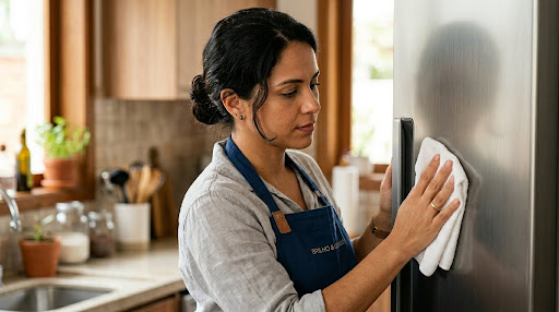 Close de uma mulher limpando a superfície lateral de uma geladeira de aço inox escovado utilizando um pano branco macio.