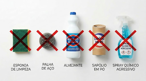 Infográfico mostrando produtos proibidos para limpar inox com um "X" vermelho: esponja de limpeza, palha de aço, alvejante, sapólio em pó e spray químico agressivo.