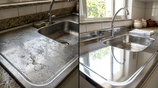 Comparativo de antes e depois de uma pia de cozinha em aço inox: à esquerda a superfície está riscada e opaca; à direita, polida e com brilho espelhado.