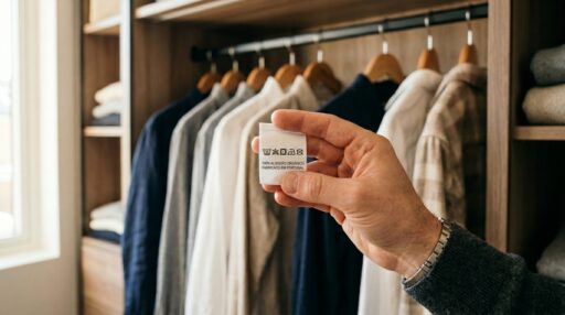 Uma pessoa segura a etiqueta branca de uma peça de roupa em frente a um guarda-roupa organizado com camisas em cabides. A etiqueta indica "100% Algodão Orgânico | Fabricado em Portugal" com símbolos de instrução de lavagem visíveis.