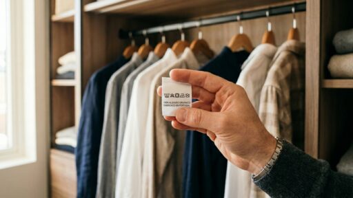 Uma pessoa segura a etiqueta branca de uma peça de roupa em frente a um guarda-roupa organizado com camisas em cabides. A etiqueta indica "100% Algodão Orgânico | Fabricado em Portugal" com símbolos de instrução de lavagem visíveis.