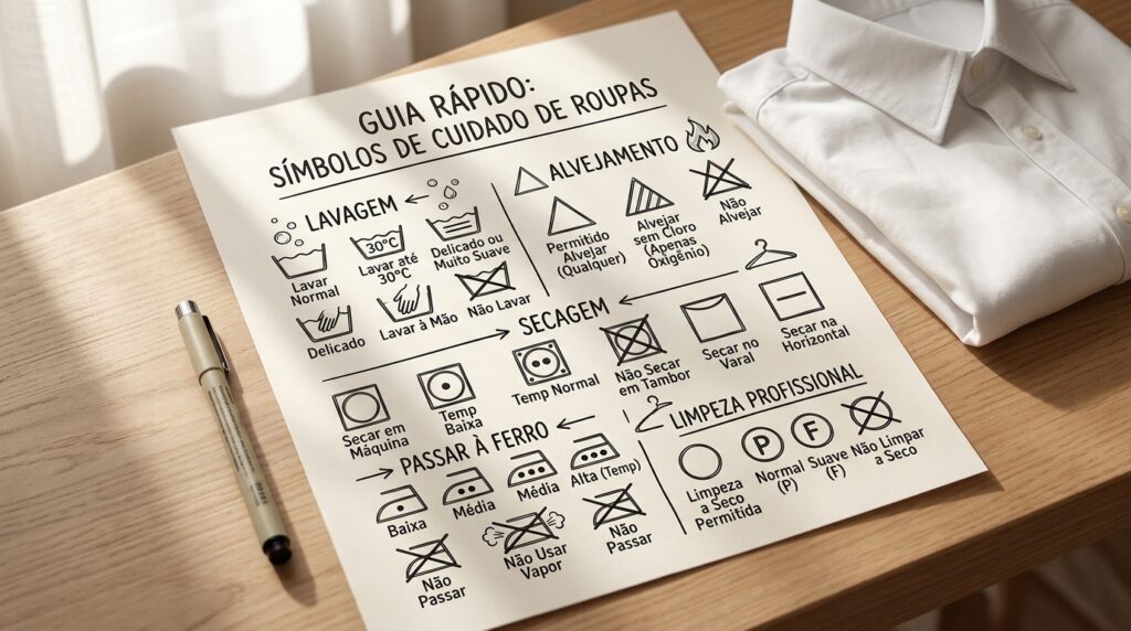 Infográfico educativo em português intitulado "Guia Rápido: Símbolos de Cuidado de Roupas" sobre uma mesa de madeira. O guia detalha ícones universais de lavagem, alvejamento, secagem, passar a ferro e limpeza profissional, ao lado de uma camisa branca dobrada.