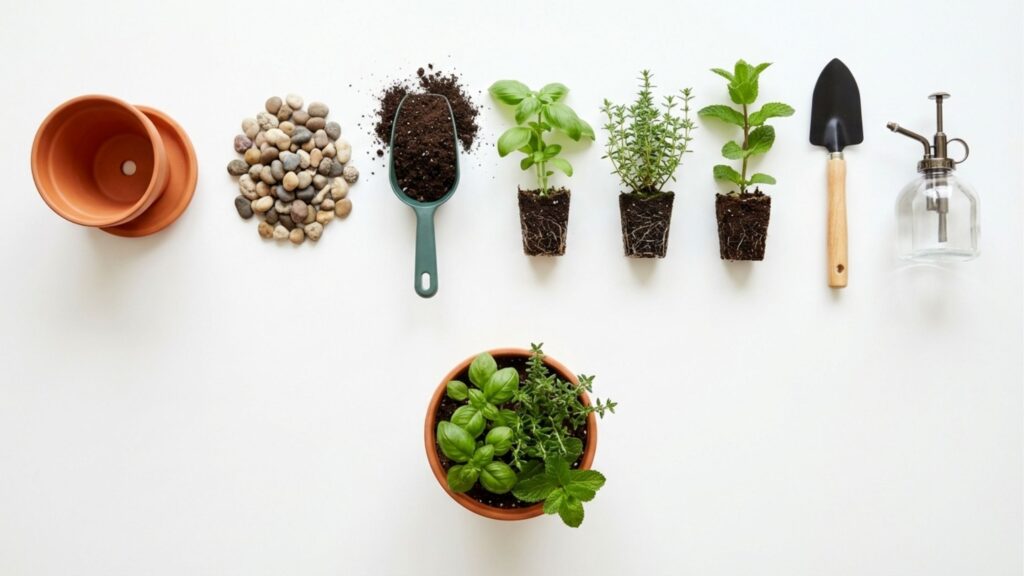 Um arranjo flat lay de visão superior de itens de jardinagem em um fundo branco, mostrando as etapas e ferramentas para cultivar uma horta de ervas. Da esquerda para a direita, os itens são: um vaso de terracota vazio com prato, uma pilha de seixos, uma pá de jardim verde com terra, três mudas de ervas (Manjericão, Tomilho, Hortelã) ainda nos vasos de viveiro de turfa, uma espátula de jardim preta com cabo de madeira e um borrifador de água de vidro e latão. No centro inferior, há um vaso de terracota plantado com as três ervas crescendo juntas.