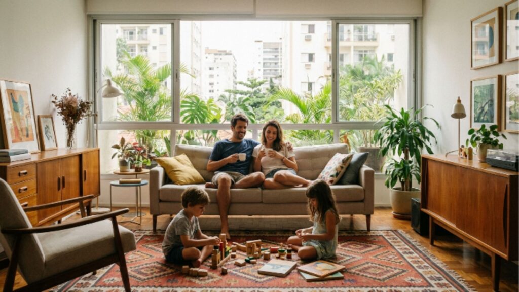 Uma sala de estar aconchegante e cheia de plantas em um apartamento urbano, onde uma família de quatro pessoas desfruta de um tempo juntos. Os pais estão sentados no sofá cinza perto da janela, sorrindo e segurando xícaras. Seus dois filhos pequenos, um menino e uma menina, estão sentados no chão, no tapete de padrão geométrico, brincando com blocos de madeira e livros. A sala é decorada com móveis de madeira de estilo mid-century, incluindo credenzas e mesas laterais, além de muitas plantas em vasos (Monstera, Dracena) perto da janela grande que dá para outros prédios de apartamentos. Quadros nas paredes e uma luminária de chão completam a cena acolhedora.