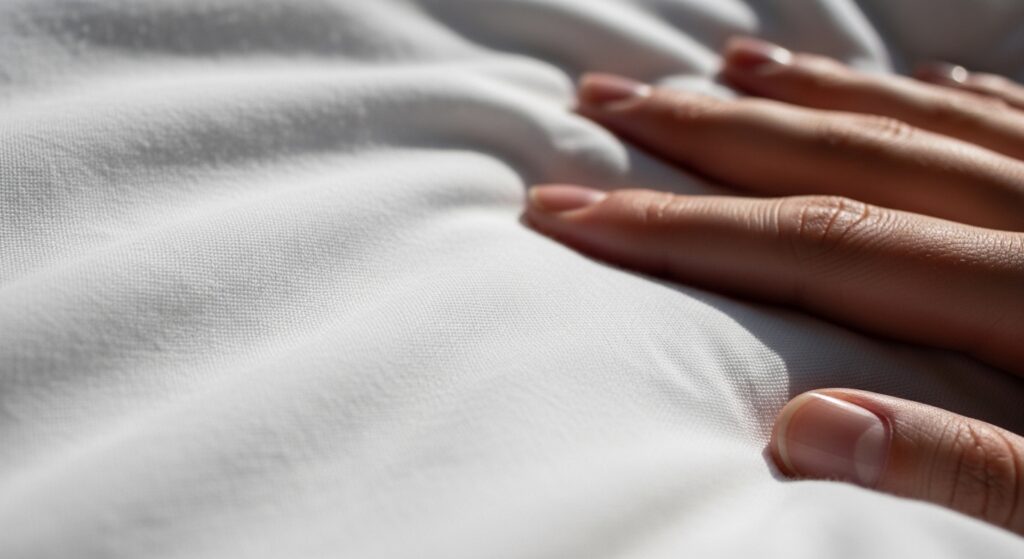 Close-up detalhado de uma mão tocando a textura de um lençol branco de algodão de alta qualidade sob a luz natural.