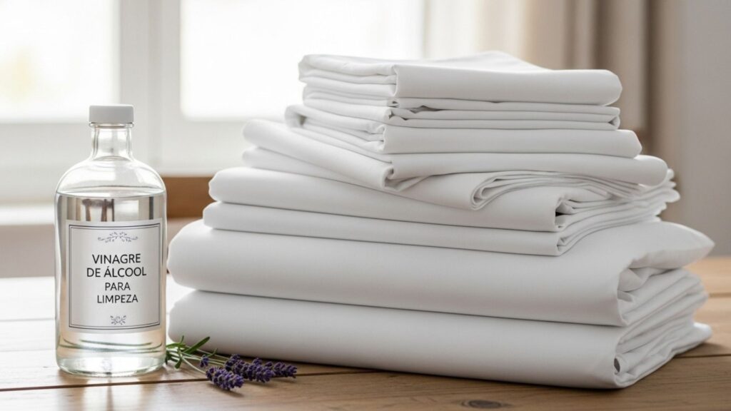 Pilha de lençóis brancos dobrados ao lado de um frasco de vinagre de álcool para limpeza e ramos de lavanda sobre uma mesa de madeira.