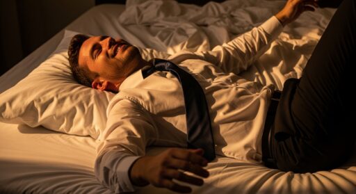 Homem sorridente e relaxado deitado em uma cama com lençóis brancos macios, vestindo camisa social e gravata, iluminado pela luz quente do sol.