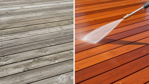 Comparativo de antes e depois da limpeza de um deck de madeira com lavadora de alta pressão, mostrando a remoção de sujeira e a restauração da cor natural da madeira.