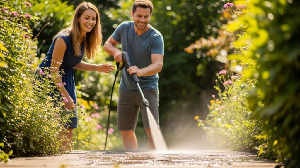 Casal sorridente utilizando uma lavadora de alta pressão para limpar o caminho de pedra de um jardim ensolarado.