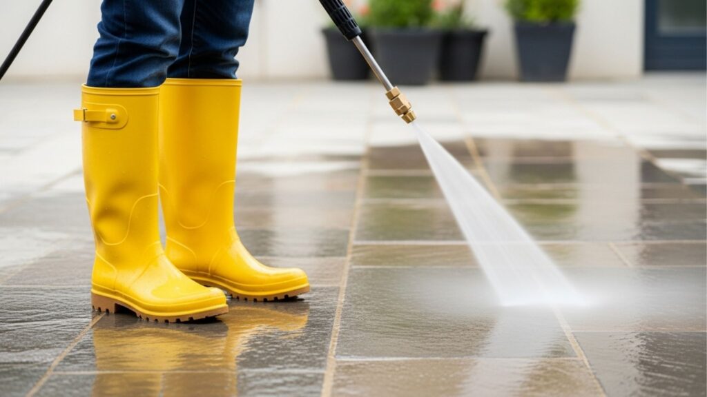 Pessoa usando botas de borracha amarelas operando uma lavadora de alta pressão para remover manchas de um piso de pedra externo.