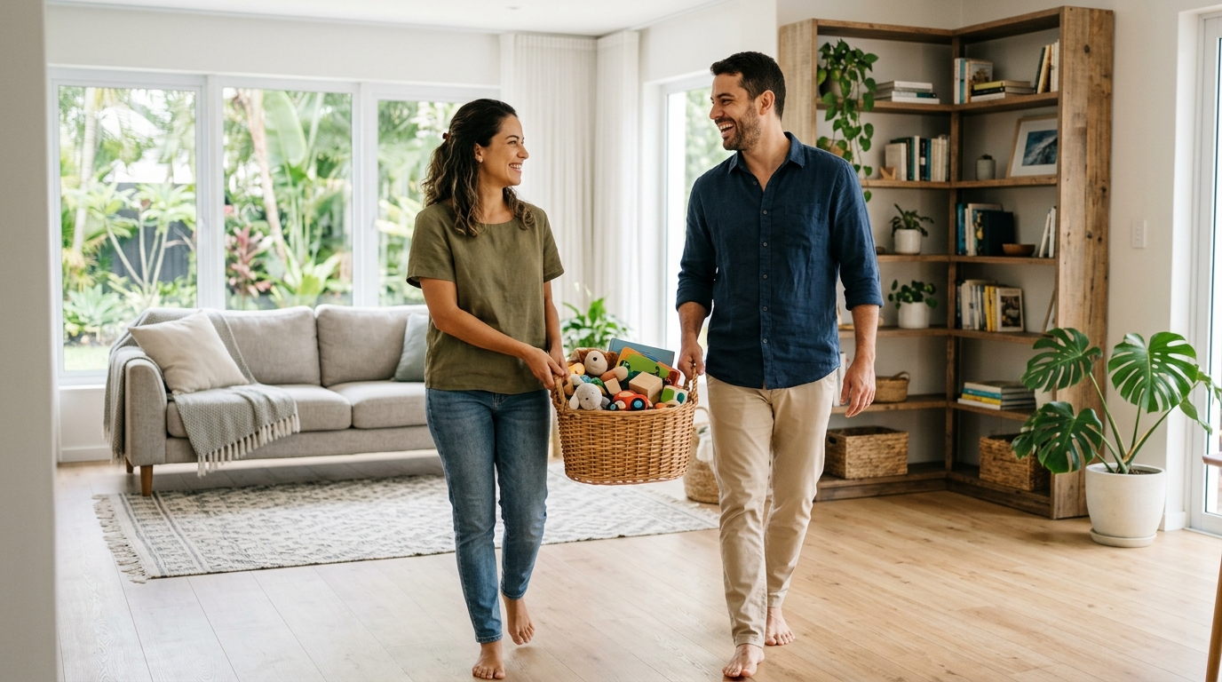 Casal sorridente carregando juntos um cesto de vime cheio de brinquedos em uma sala de estar ampla, organizada e iluminada com vista para um jardim.