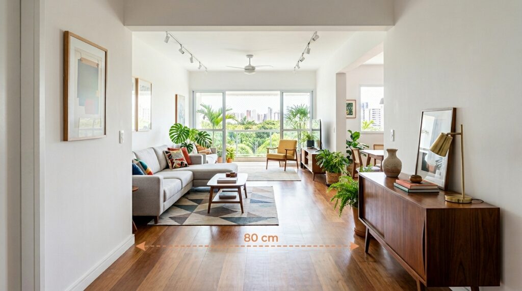 Sala de estar moderna e integrada com indicação de medida de 80 cm para corredor de passagem, destacando a circulação livre e organização do ambiente.