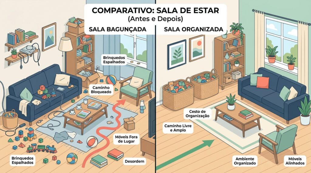 Infográfico comparativo de "Antes e Depois" de uma sala de estar. À esquerda, "Sala Bagunçada" com brinquedos espalhados; à direita, "Sala Organizada" com móveis alinhados e cestos de organização.