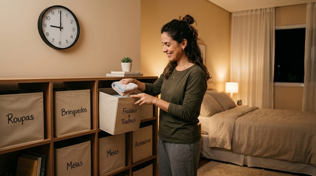 Mulher organizando toalhas em caixas de tecido identificadas com etiquetas em uma estante de madeira no quarto, com relógio de parede ao fundo marcando 9 horas.