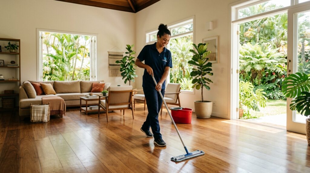 Profissional de limpeza sorridente utilizando mop para limpar piso de madeira em sala de estar luxuosa e ensolarada com grandes janelas de vidro.