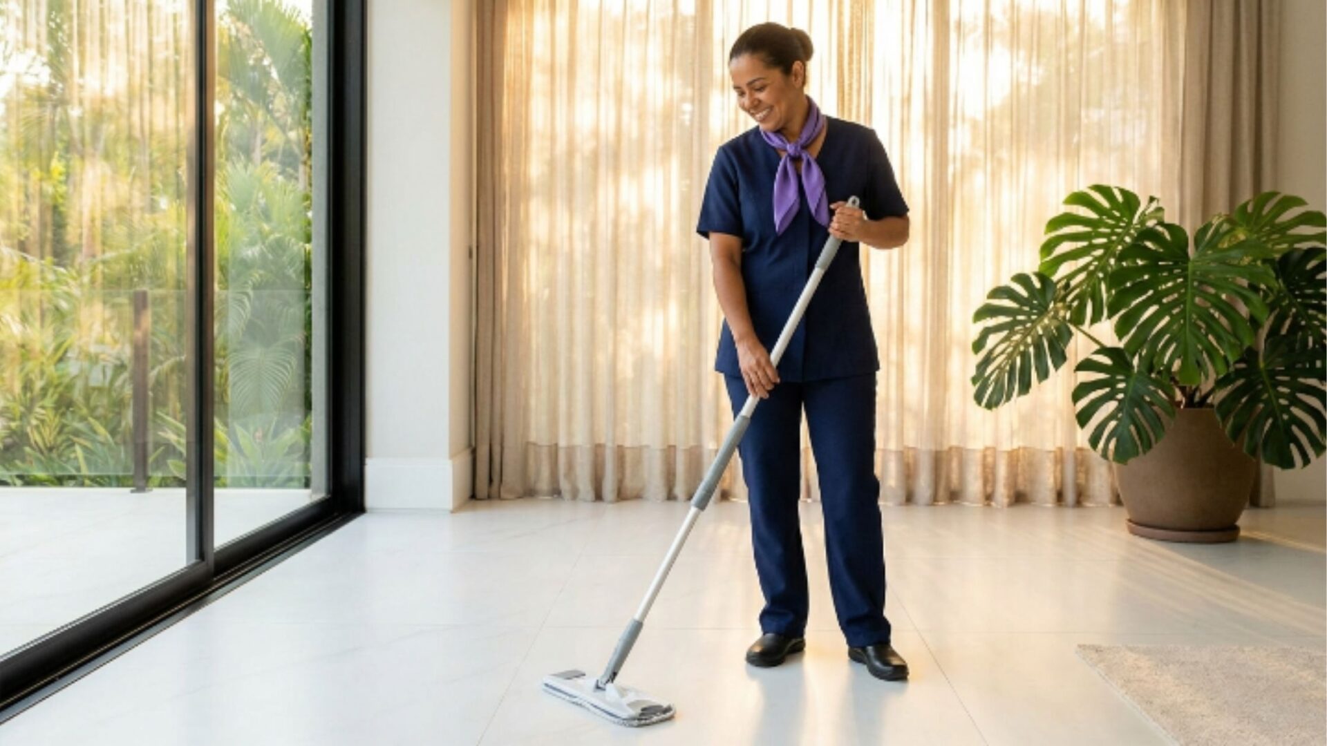 Uma profissional de limpeza de meia-idade, de pé e sorrindo, com cabelo preso e usando um uniforme azul marinho (túnica e calças) e um lenço de pescoço roxo claro amarrado, limpa um piso de ladrilho grande e branco com um esfregão de spray branco e cinza moderno. Ela está em uma sala de estar de plano aberto e luminosa com grandes portas de vidro deslizantes do chão ao teto à esquerda revelando um jardim tropical verdejante e exuberante. Uma grande planta Monstera deliciosa está em um vaso de cerâmica marrom no canto direito, ao lado de cortinas beges.