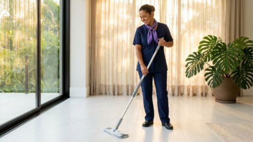 Uma profissional de limpeza de meia-idade, de pé e sorrindo, com cabelo preso e usando um uniforme azul marinho (túnica e calças) e um lenço de pescoço roxo claro amarrado, limpa um piso de ladrilho grande e branco com um esfregão de spray branco e cinza moderno. Ela está em uma sala de estar de plano aberto e luminosa com grandes portas de vidro deslizantes do chão ao teto à esquerda revelando um jardim tropical verdejante e exuberante. Uma grande planta Monstera deliciosa está em um vaso de cerâmica marrom no canto direito, ao lado de cortinas beges.