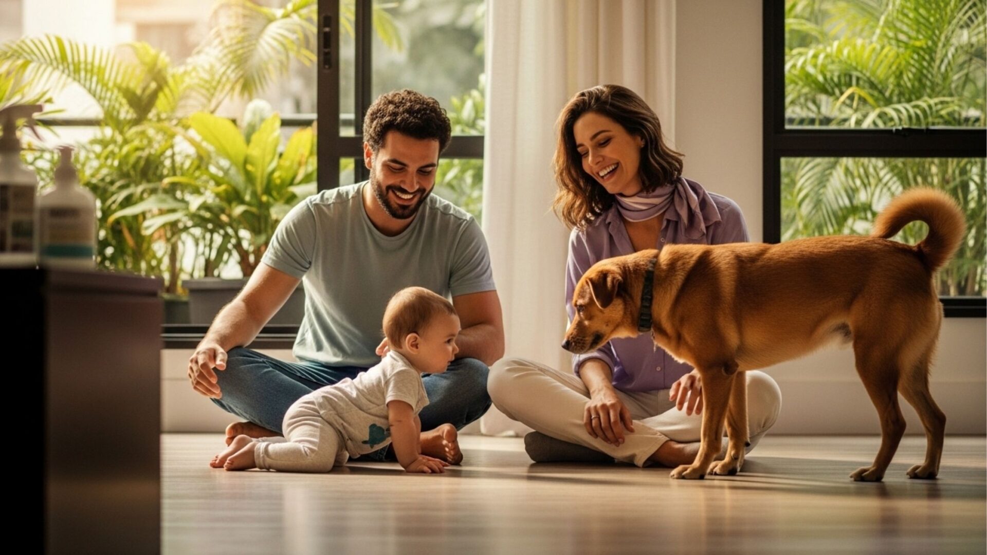 Fotografia de uma família feliz no chão de uma sala de estar bem iluminada por grandes janelas cercadas por plantas verdes. Um casal jovem sorri sentado no piso de madeira limpo, observando seu bebê que engatinha em direção a um cachorro caramelo em pé à direita. No canto esquerdo da imagem, levemente desfocados sobre um móvel escuro, estão alguns frascos de produtos de limpeza. A cena evoca um ambiente familiar aconchegante, higienizado e perfeito para o convívio seguro de todos.