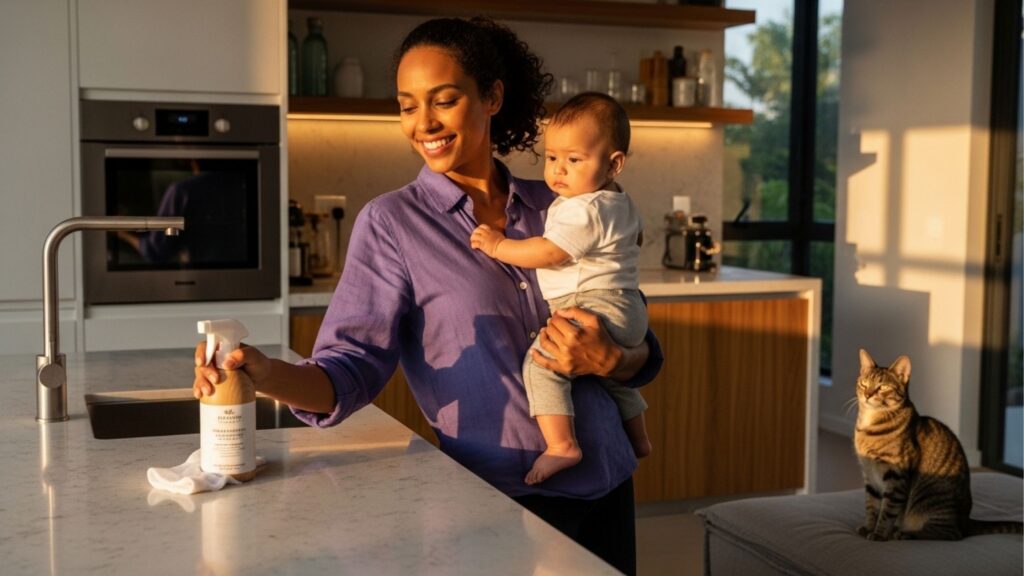 Fotografia de uma cozinha moderna banhada pela luz dourada do pôr do sol. Uma mulher de camisa roxa sorri enquanto segura um bebê no colo com um dos braços e, com o outro, borrifa um produto de limpeza na bancada de pedra clara. Em segundo plano, à direita, um gato rajado está sentado tranquilamente sobre um estofado cinza, observando a cena. A imagem transmite a sensação de uma rotina de limpeza segura para crianças e pets.