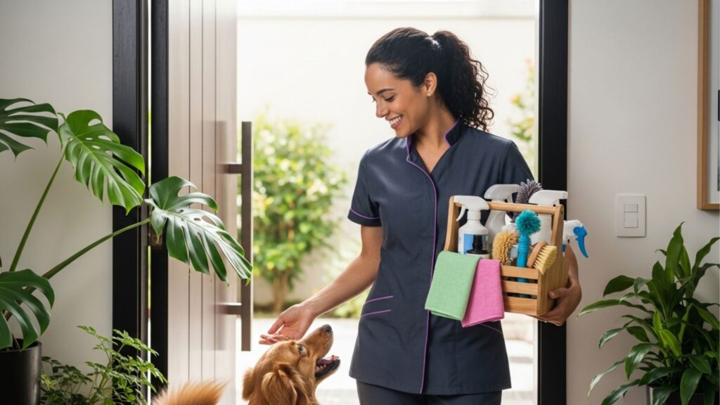 Fotografia de uma profissional de limpeza sorridente, vestindo um uniforme cinza com detalhes em roxo, parada na porta aberta de uma casa iluminada. Com uma mão, ela acaricia afetuosamente um cachorro caramelo que a recebe. Com a outra, segura um cesto de madeira organizado com diversos produtos de limpeza, escovas e panos de microfibra coloridos. Plantas verdes compõem a decoração ao redor, transmitindo um clima acolhedor, profissional e amigável aos animais.
