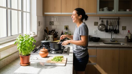 Mulher sorridente cozinhando em uma cozinha iluminada, com um vaso de manjericão fresco no balcão, uma das plantas que espantam insetos naturalmente em ambientes internos.