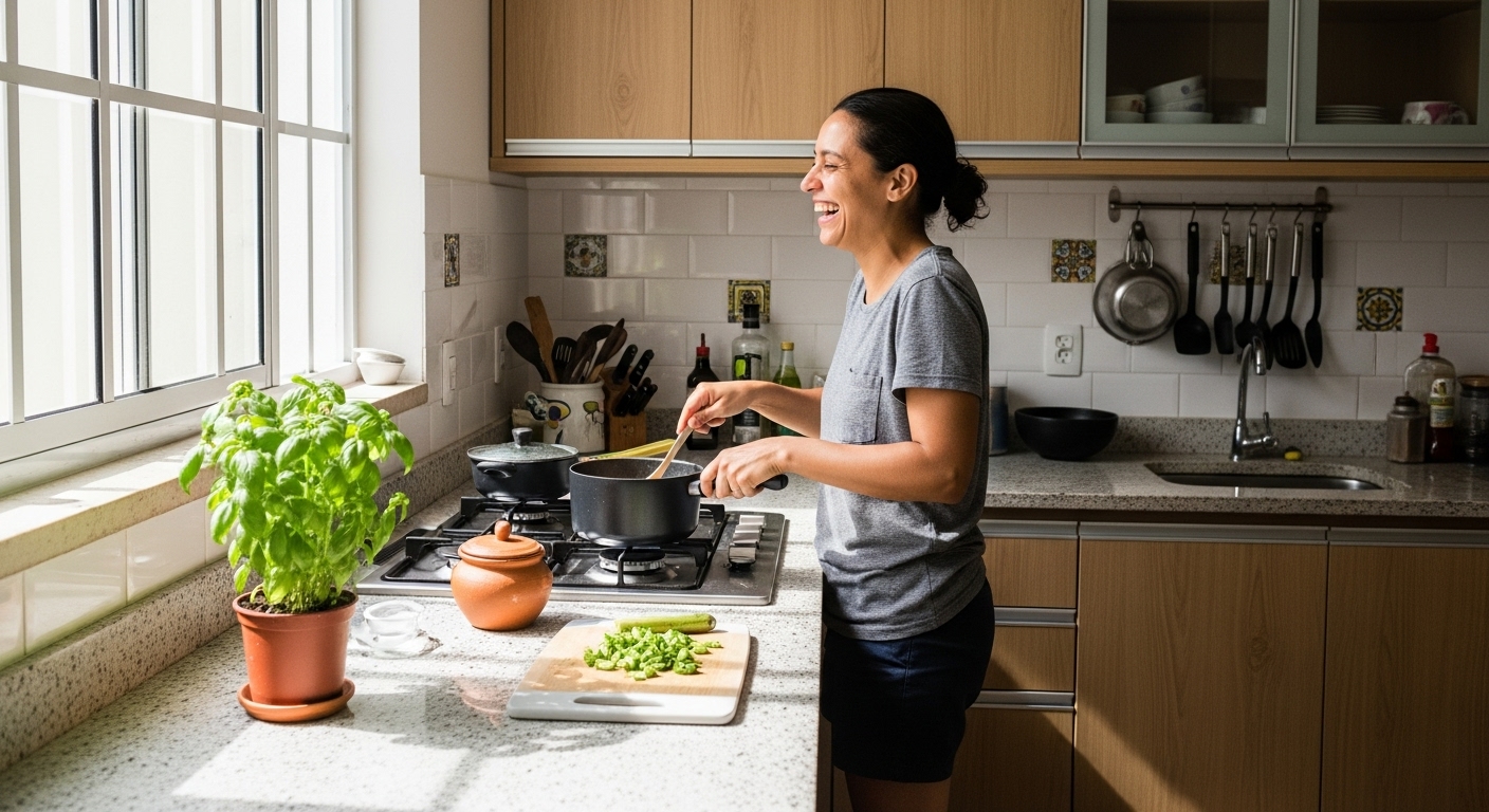 Mulher sorridente cozinhando em uma cozinha iluminada, com um vaso de manjericão fresco no balcão, uma das plantas que espantam insetos naturalmente em ambientes internos.