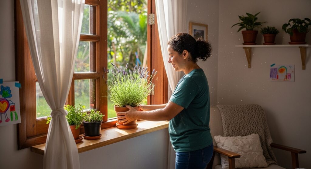 Mulher segurando um vaso de lavanda florida perto de uma janela aberta na sala de estar, utilizando plantas que espantam moscas e perfumam o ambiente.