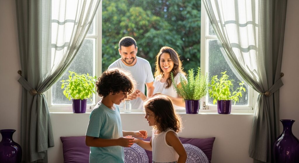Família feliz com duas crianças brincando perto de uma janela repleta de vasos de ervas, como alecrim e arruda, que servem como barreiras naturais contra insetos.