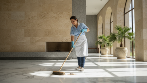 Profissional de limpeza varrendo piso de porcelanato polido de grandes dimensões em um hall amplo com luz natural e decoração sofisticada.