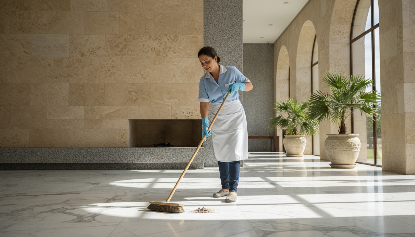 Profissional de limpeza varrendo piso de porcelanato polido de grandes dimensões em um hall amplo com luz natural e decoração sofisticada.