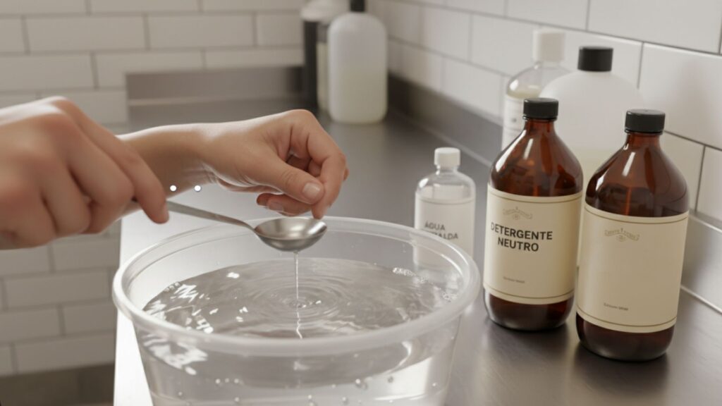 Close-up de pessoa preparando solução de limpeza com detergente neutro em uma bacia com água para higienização de superfícies delicadas.