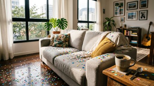 Sala de estar iluminada com sofá cinza coberto de confetes coloridos e glitter após festa de Carnaval. No chão de madeira e na mesa lateral, restos de confete e uma xícara de café indicam a necessidade de limpeza pós-evento.