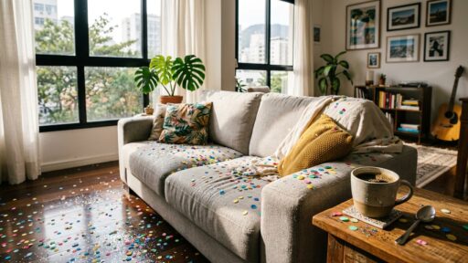 Sala de estar iluminada com sofá cinza coberto de confetes coloridos e glitter após festa de Carnaval. No chão de madeira e na mesa lateral, restos de confete e uma xícara de café indicam a necessidade de limpeza pós-evento.