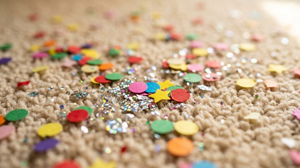 Close-up de confetes redondos coloridos e glitter prateado espalhados sobre a textura de um tapete de fios altos bege. Detalhe da dificuldade de remover sujeira de festa de superfícies têxteis.