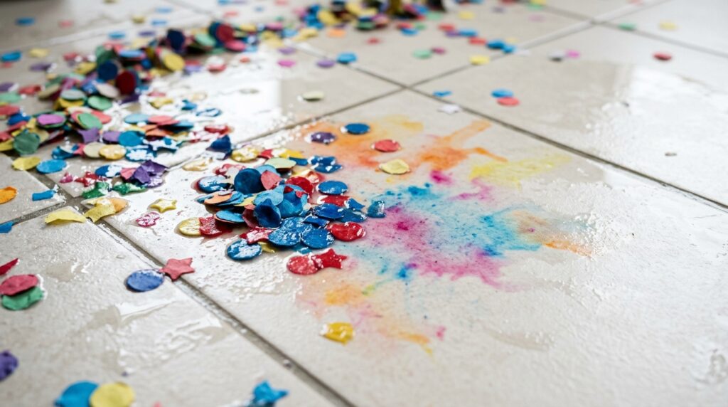 Chão de piso frio branco com poça de água e manchas de tinta colorida de confetes molhados. A imagem mostra confetes de papel grudados no azulejo úmido, ilustrando uma limpeza pesada de pós-festa.