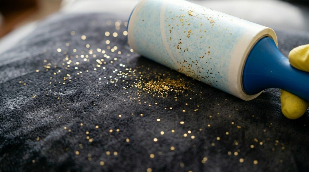 Pessoa usando luva amarela e rolo adesivo para remover glitter dourado de uma almofada de veludo azul escuro. Técnica eficiente de limpeza para retirar brilho e pequenas partículas de tecidos.