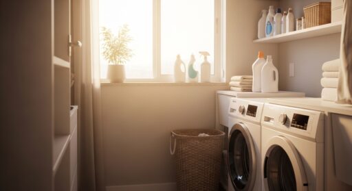 Lavanderia moderna e iluminada pelo sol com duas máquinas de lavar brancas dispostas lado a lado. Sobre a bancada e prateleiras, garrafas de amaciante e detergente organizadas, um cesto de roupa de vime e toalhas dobradas, criando um ambiente limpo e funcional.