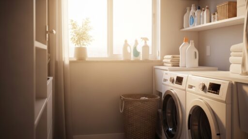 Lavanderia moderna e iluminada pelo sol com duas máquinas de lavar brancas dispostas lado a lado. Sobre a bancada e prateleiras, garrafas de amaciante e detergente organizadas, um cesto de roupa de vime e toalhas dobradas, criando um ambiente limpo e funcional.
