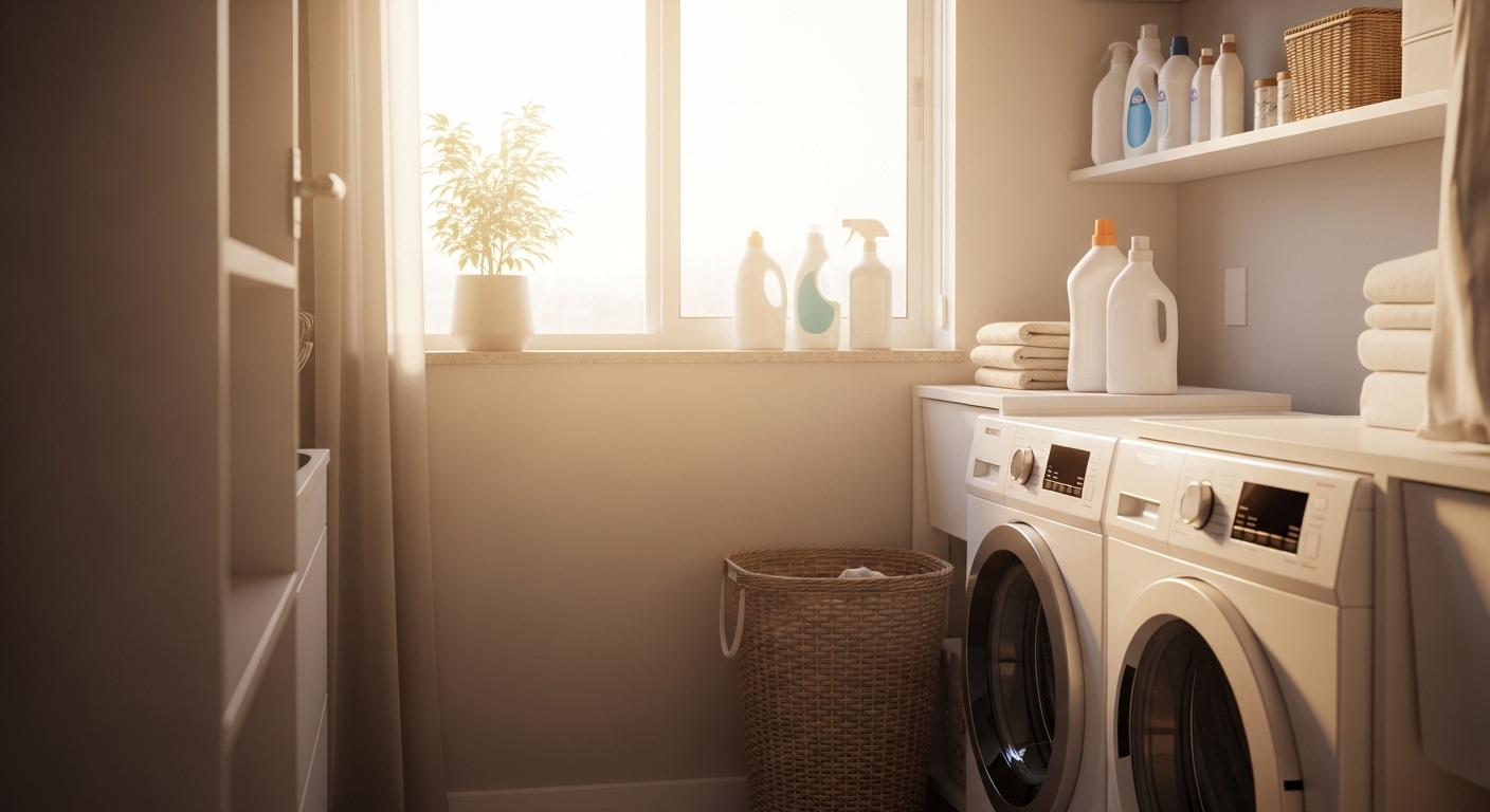 Lavanderia moderna e iluminada pelo sol com duas máquinas de lavar brancas dispostas lado a lado. Sobre a bancada e prateleiras, garrafas de amaciante e detergente organizadas, um cesto de roupa de vime e toalhas dobradas, criando um ambiente limpo e funcional.