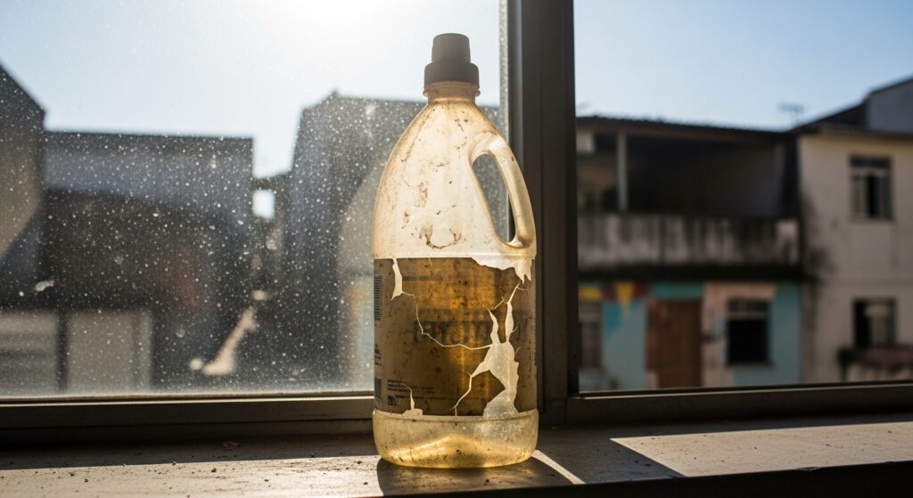 Close-up de uma embalagem plástica de produto de limpeza antiga e desgastada, com rótulo descascado, posicionada em frente a uma janela de vidro. Ao fundo, uma vista urbana desfocada sob a luz natural do dia.