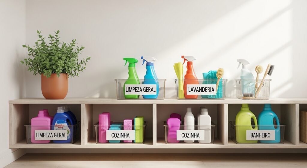 Prateleira de madeira organizada com cestos plásticos transparentes contendo produtos de limpeza. Os cestos possuem etiquetas de identificação em português como "Limpeza Geral", "Cozinha", "Lavanderia" e "Banheiro". No topo, um vaso de planta decorativo.