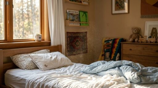 Uma foto de um quarto infantil aconchegante e desarrumado. Um forte feixe de luz solar dourada entra pela janela de madeira à esquerda, revelando inúmeras partículas de poeira suspensas no ar acima de uma cama com lençóis brancos e edredom azul bagunçado. Livros e brinquedos de madeira, incluindo um urso de pelúcia, estão visíveis nas prateleiras e na cômoda ao fundo.